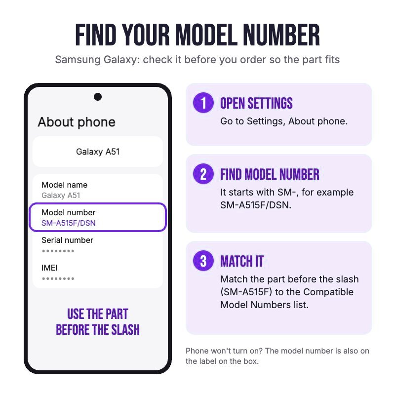 How to find your Samsung Galaxy model number: open Settings, About phone, and match the SM model code before the slash to the compatible model list