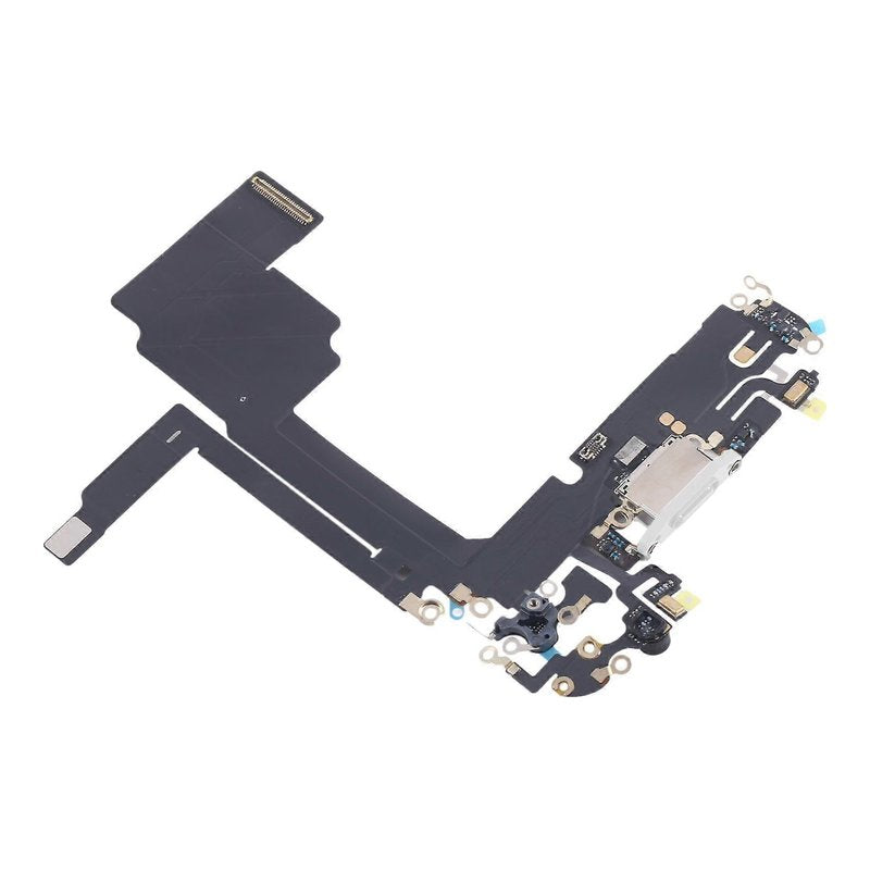 Angled view of the iPhone 15 Pro charging port flex cable with a white USB-C port and its connectors