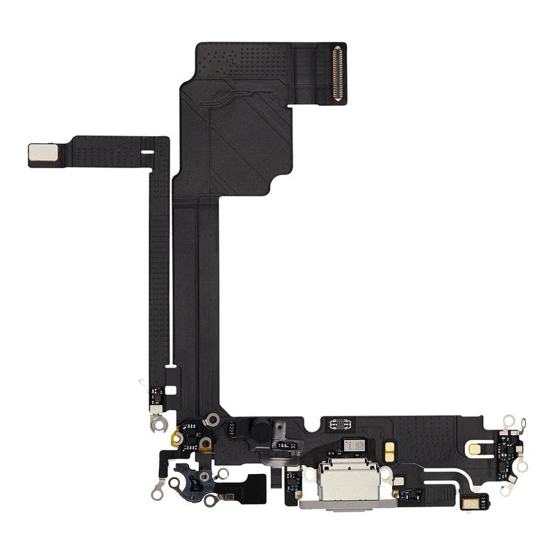 iPhone 15 Pro Max charging port flex cable with a white USB-C port, front view of the port, microphone and flex