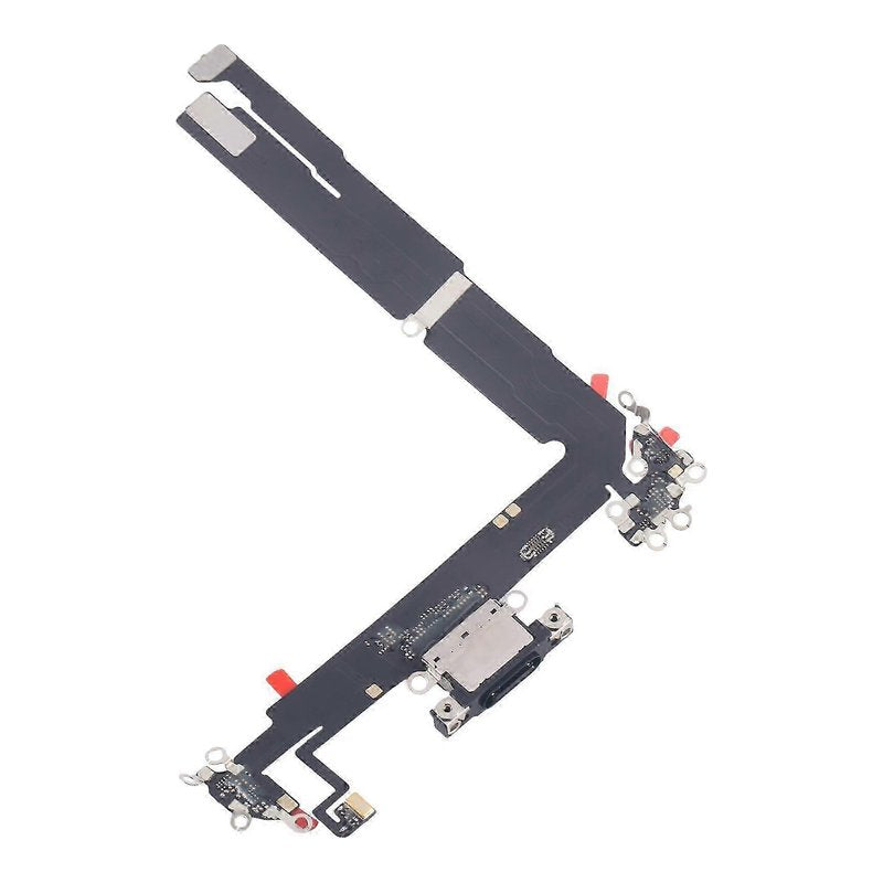 Angled view of the iPhone 16 Plus charging port flex cable with a black USB-C port and its connectors