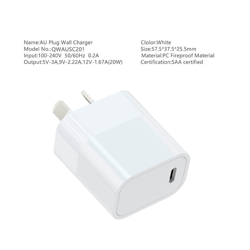 20W USB-C Fast Charging Wall Charger - NZ/AU SAA Approved Plug