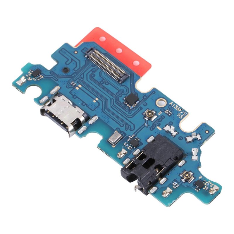 Samsung Galaxy A13 4G charging port board printed A135F/U, with USB-C port, headphone jack and microphone, angled view on a white background