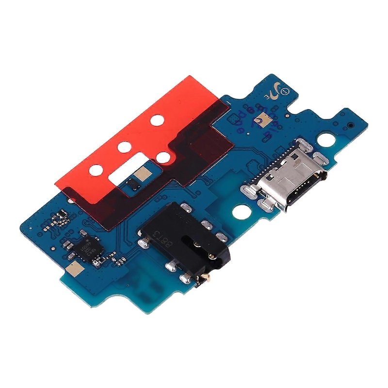 Samsung Galaxy A20 charging port board printed SM-A205F, with USB-C port, headphone jack and microphone, angled view of the other side on a white background