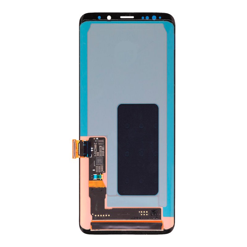 Back of the Samsung Galaxy S9 Plus OEM OLED screen only, showing the blue protective film, the display driver flex and the curved edges.