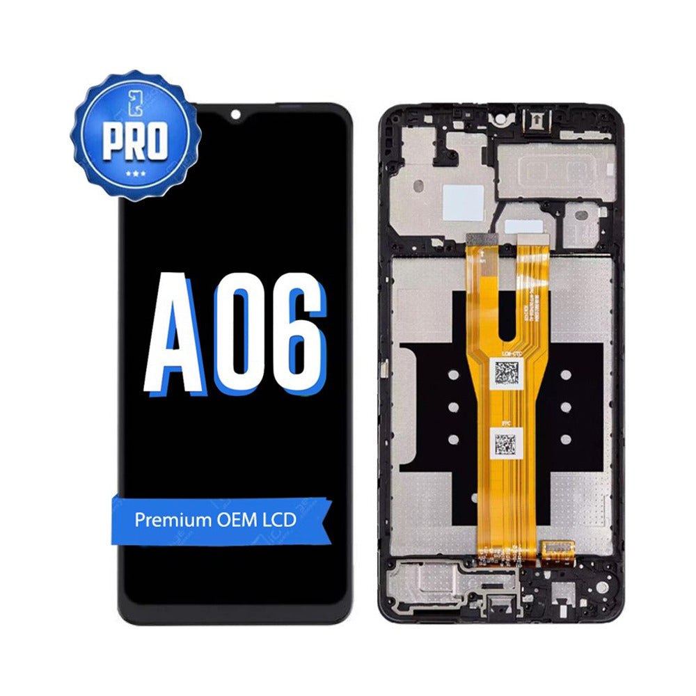 Samsung A06 4G replacement screen with middle frame, front marked A06 with a Premium OEM LCD banner and a PRO badge, beside the rear of the frame and its orange flex