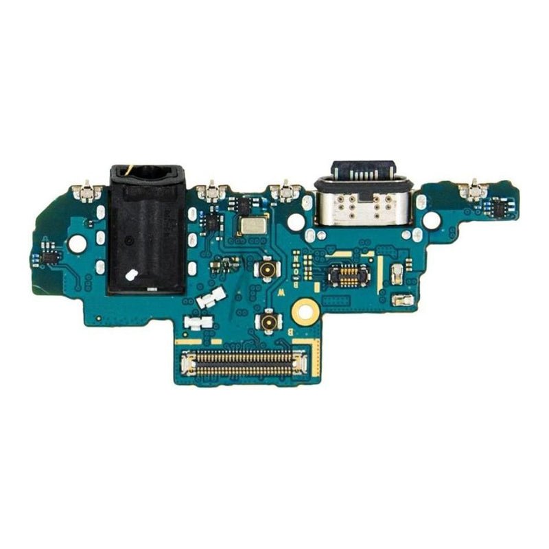 Reverse of the green Samsung A32 charging port daughter board showing the headphone jack barrel, the white USB-C socket housing, a round yellow component and a gold ribbon connector.