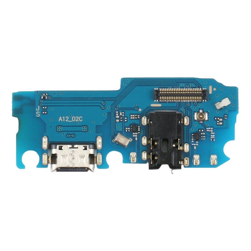 Blue Samsung Galaxy A12 charging port daughter board marked A12_02C with USB-C port, headphone jack and board-to-board connector.