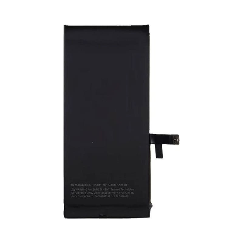 iPhone 16e replacement battery on white, a black cell with its flex tail and connector folded out to the right and a label reading Model NA248H.