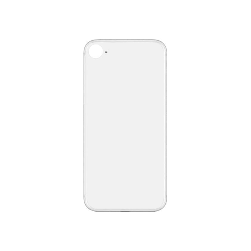 White replacement rear glass cover with a large round camera opening and a small flash hole in the top left corner, photographed flat on white.