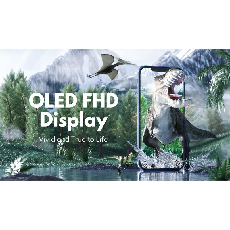 OLED FHD Display, vivid and true to life, shown on an iPhone 13 with a dinosaur in a forest scene