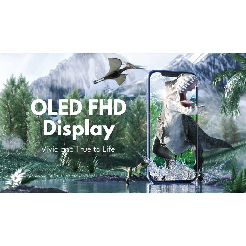 OLED FHD Display, vivid and true to life, shown on an iPhone with a dinosaur in a forest scene