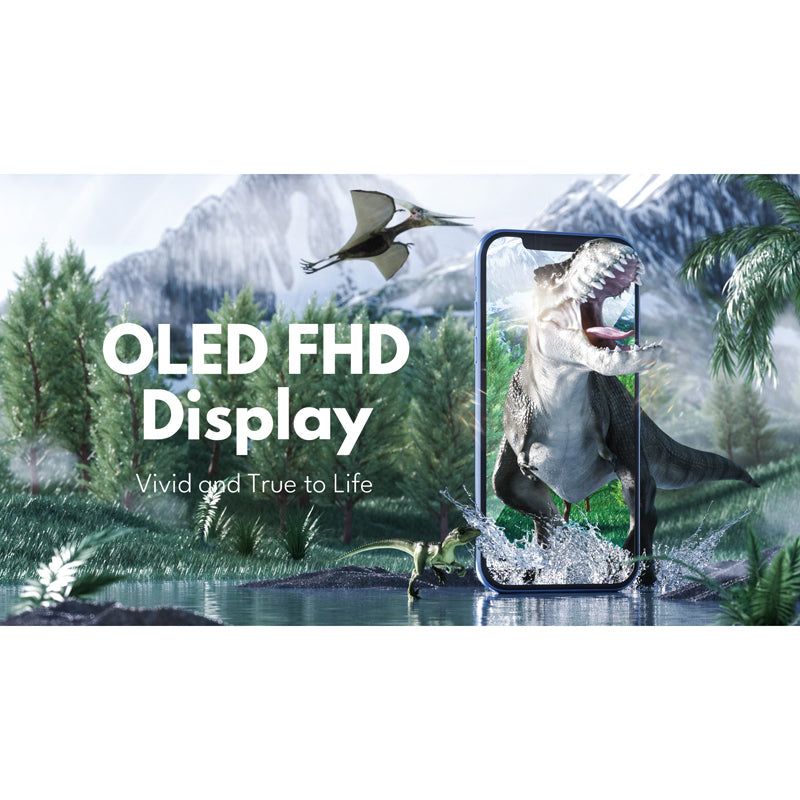 OLED FHD Display, vivid and true to life, shown on an iPhone with a dinosaur in a forest scene
