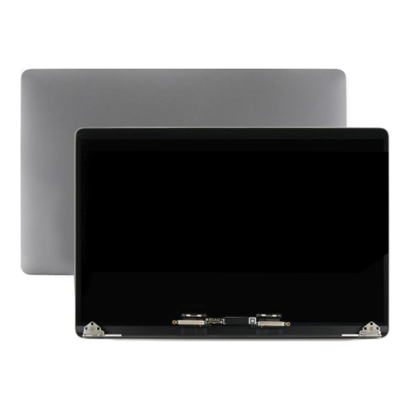 MacBook Pro 13 inch A1989 complete display assembly with the screen off, shown in front of a space grey closed lid, the hinge brackets and display flex along the bottom
