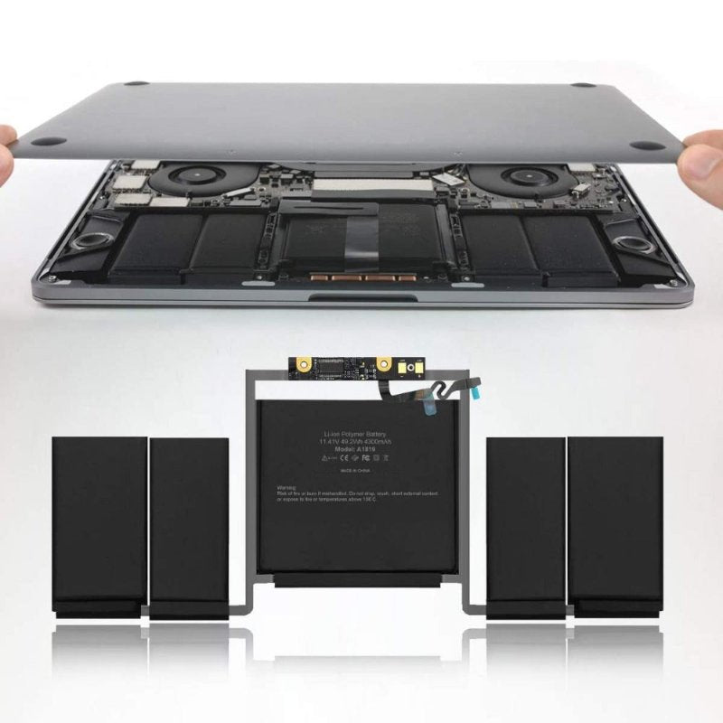 Hands lifting the bottom case off a MacBook Pro 13 inch, with the A1819 replacement battery pictured below the opened laptop