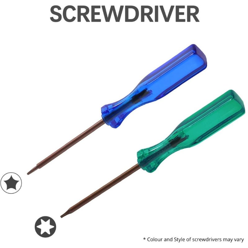 Screwdriver set included with the MacBook Pro 15 inch A1398 battery: a blue Torx and a green pentalobe driver, noted as colour and style may vary