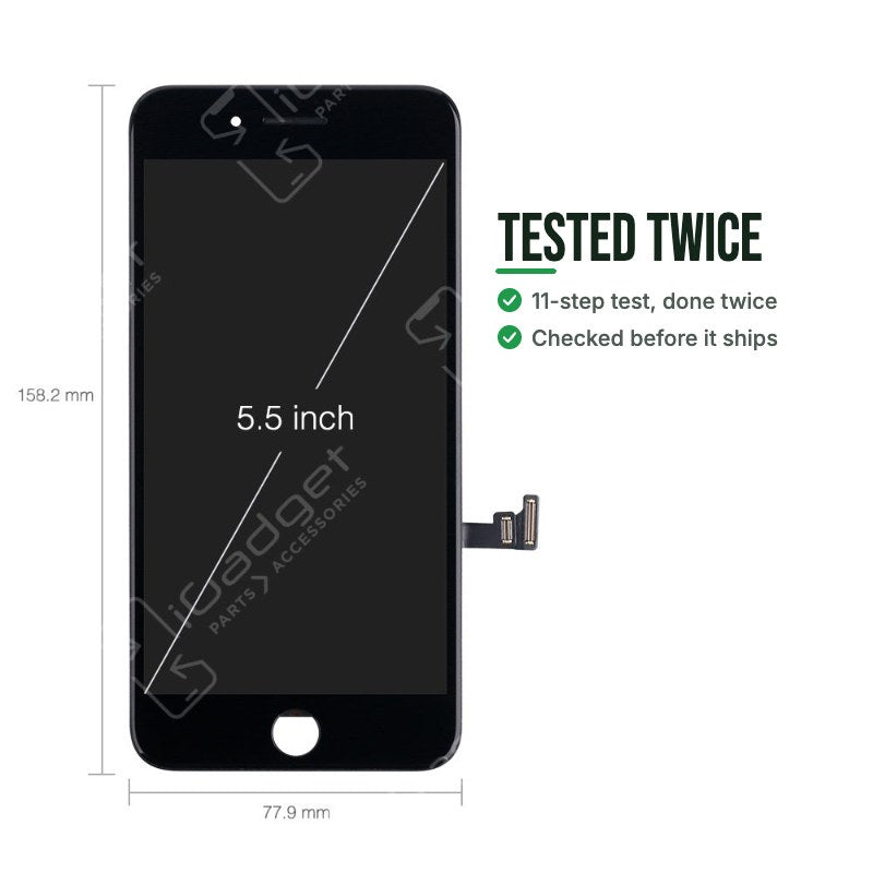 Tested twice: an iPhone 7 Plus replacement screen shown with its measurements and 5.5 inch display, put through an 11-step test twice before it ships