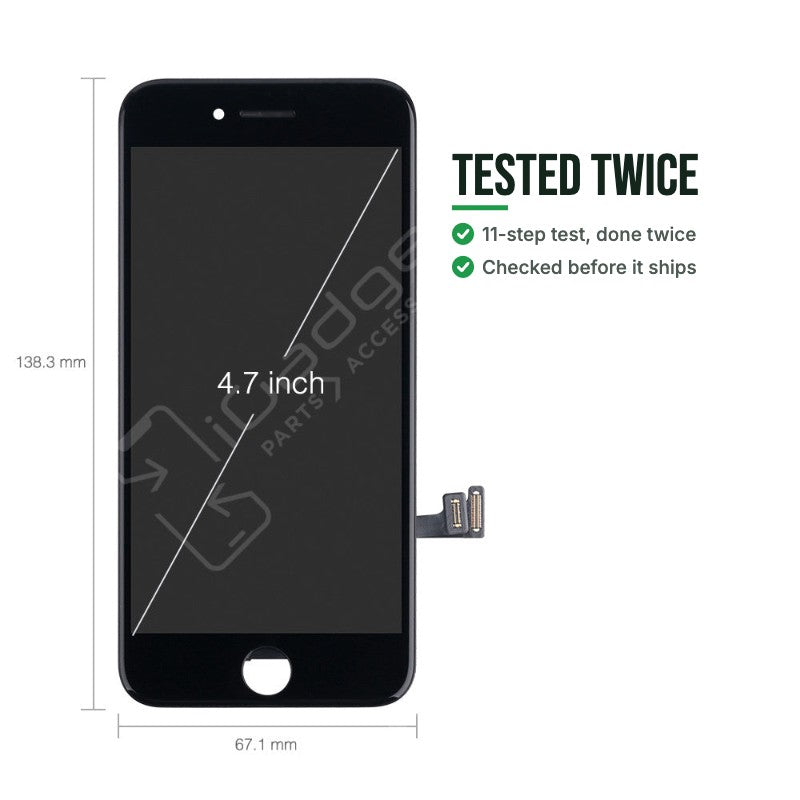 Tested twice: an iPhone 7 replacement screen measured at 138.3 mm by 67.1 mm with a 4.7 inch display, put through an 11-step test twice before it ships
