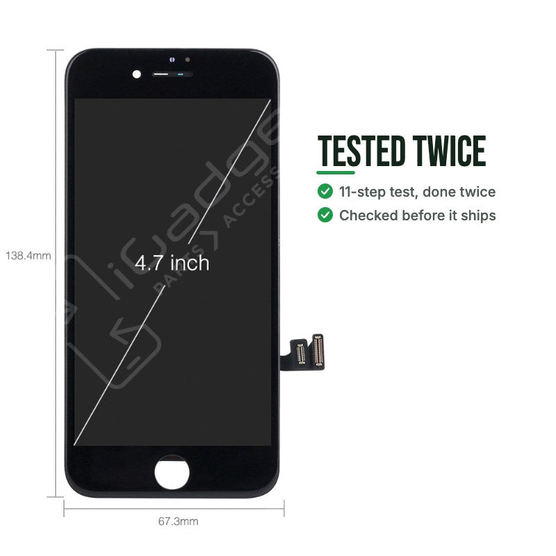 Tested twice: an iPhone 8 and SE replacement screen shown with its measurements and 4.7 inch display, put through an 11-step test twice before it ships