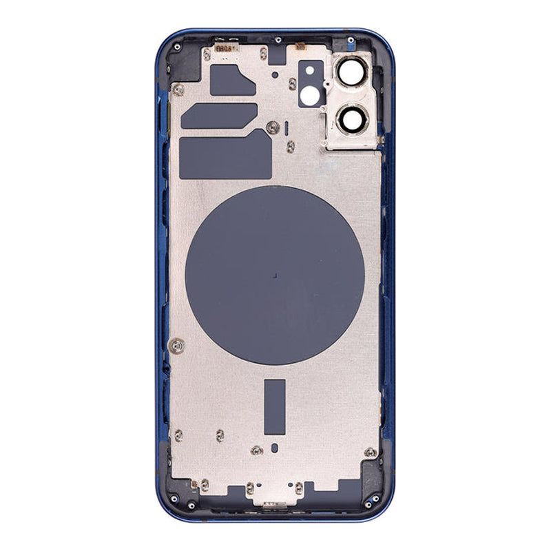 Blue iPhone 12 rear housing chassis seen from inside, showing the circular MagSafe magnet area, the camera cut outs and the aluminium frame