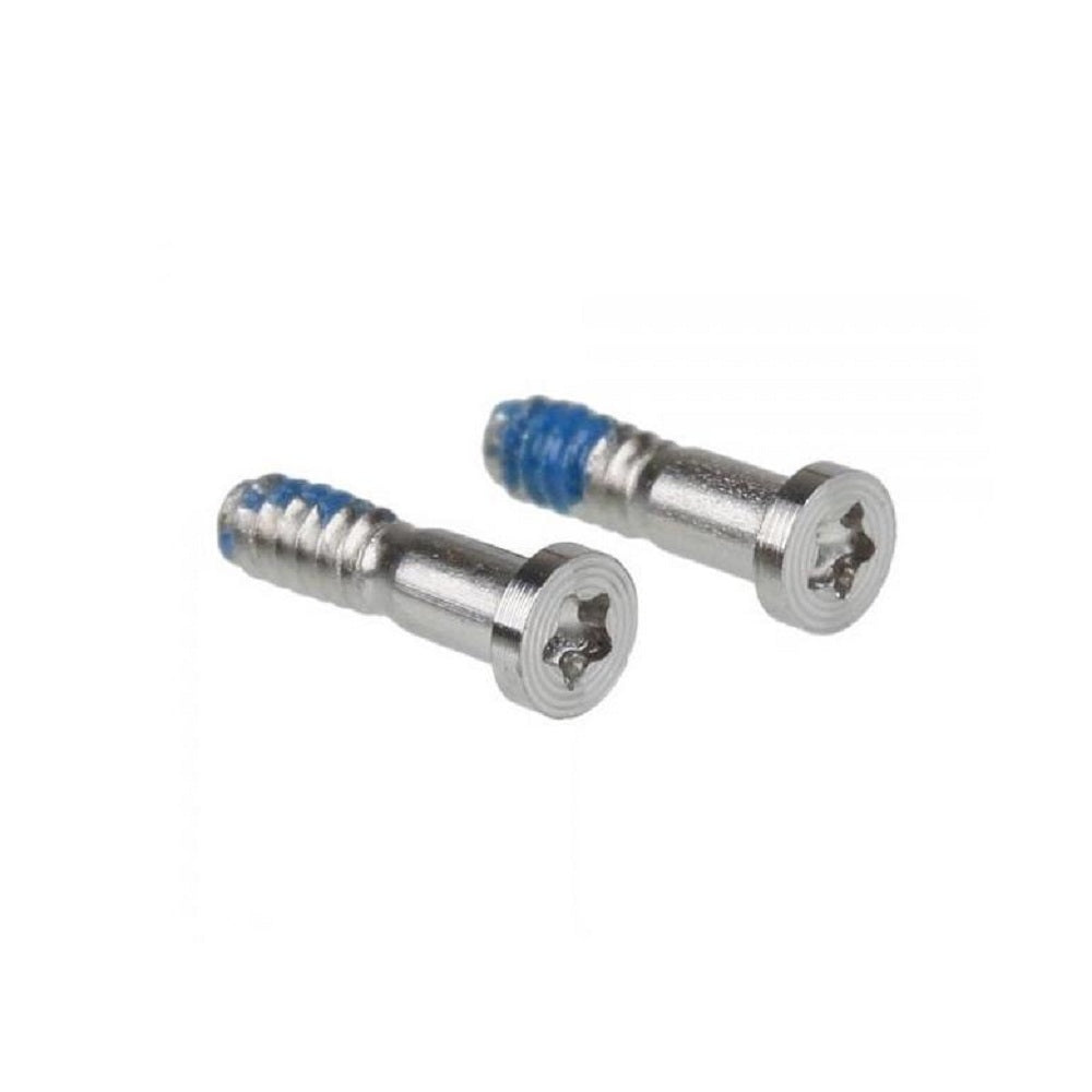 Pair of silver pentalobe bottom screws for iPhone 8 and SE, shown enlarged with five point heads and blue thread locker on the threads.