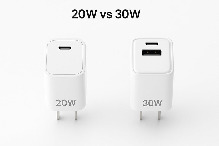 Two USB-C fast charging wall chargers labeled 20W and 30W, showcasing their power specifications.