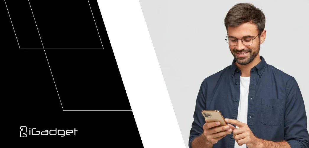 Man holding an iPhone beside iGadget branding for battery replacement in New Zealand