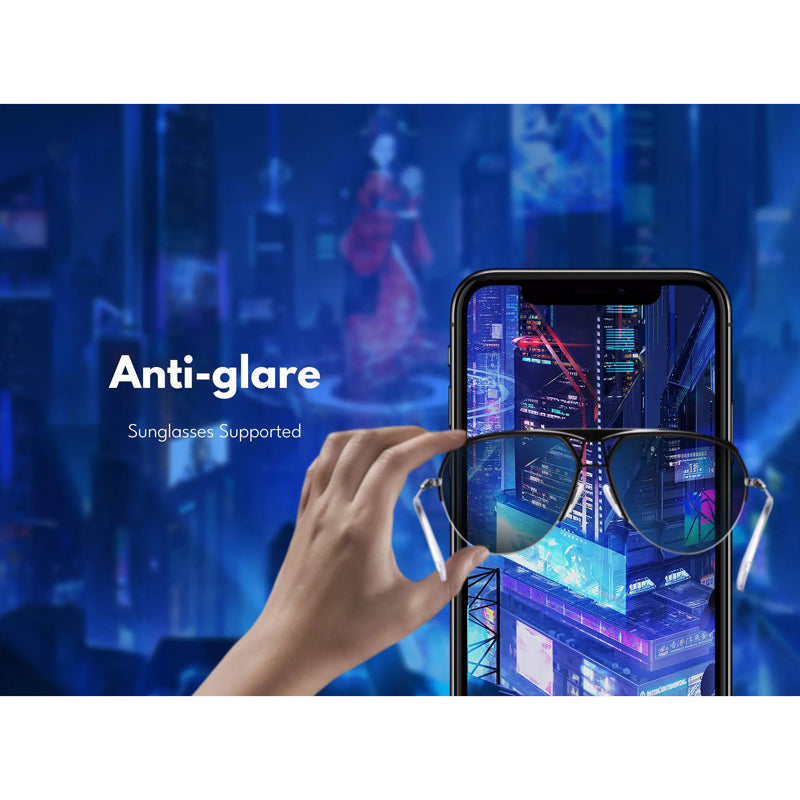Anti-glare screen, sunglasses supported: a hand holding sunglasses in front of an iPhone screen showing a neon city scene