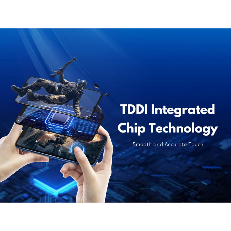 TDDI Integrated Chip Technology: two hands playing a game on an iPhone with a glowing chip graphic over the screen, captioned smooth and accurate touch