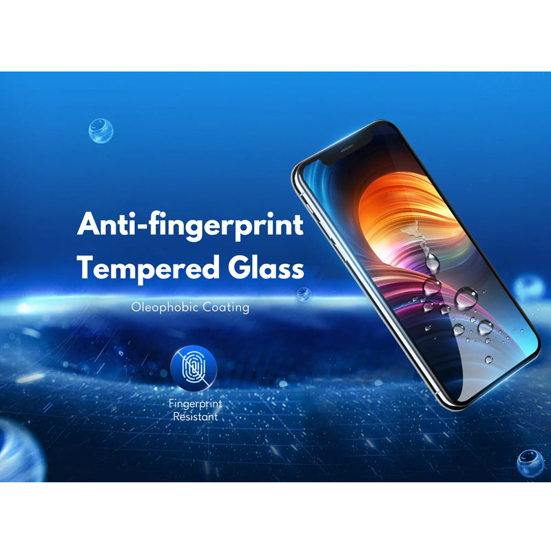 Anti-fingerprint tempered glass with oleophobic coating, shown on an angled iPhone against a blue background