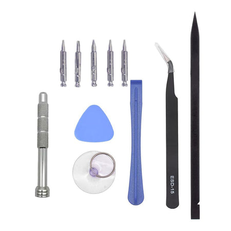 11-piece phone repair tool kit featuring a silver knurled handle with swivel cap, five precision bits, tweezers, spudgers, suction cup and pry tools.