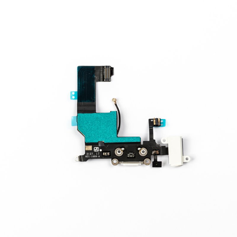 Charging port flex cable shown upright from above, with teal tape, white Lightning connector and black headphone jack, on a white background.