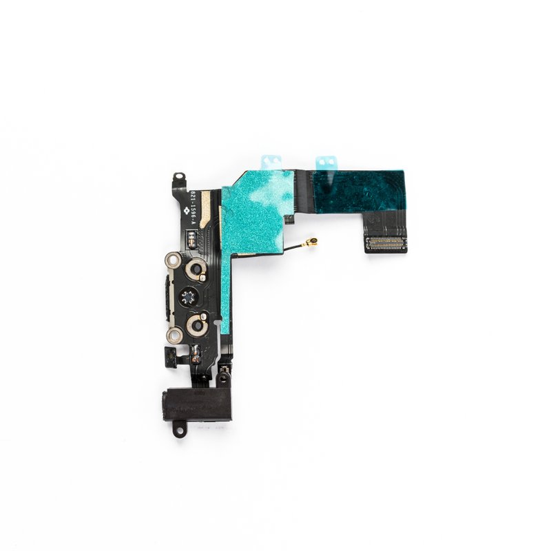 Rear of the charging port flex cable showing its large teal antenna tape, board-to-board connector and black headphone jack, on a white background.