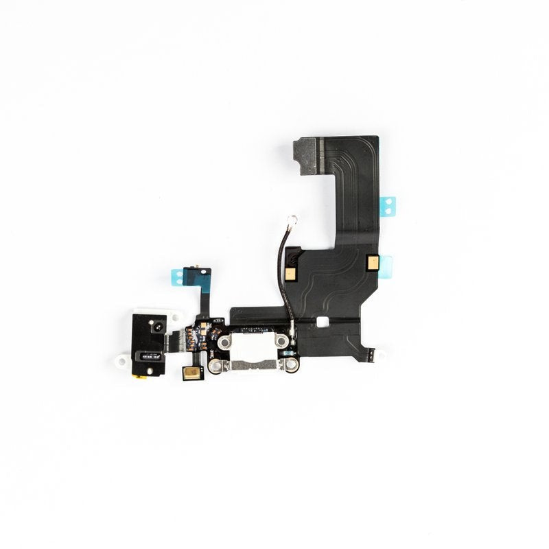 Complete charging port flex cable laid flat, with white Lightning connector, black headphone jack, microphone and small teal tape tabs, on white.