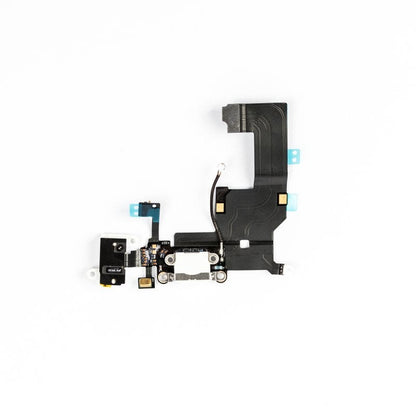 Complete charging port flex cable laid flat, with white Lightning connector, black headphone jack, microphone and small teal tape tabs, on white.