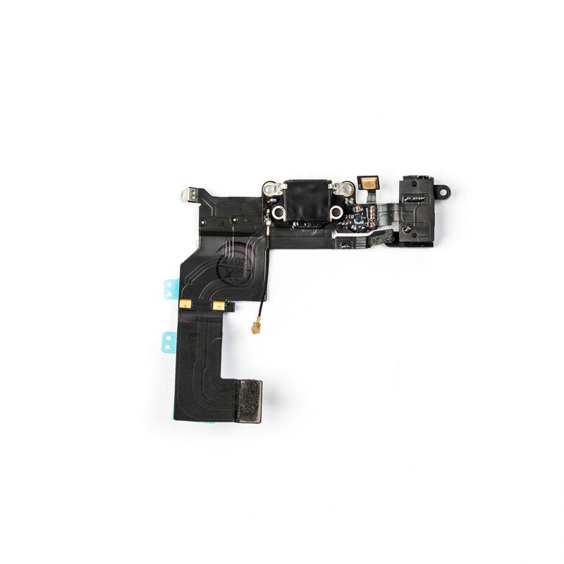Charging port flex cable photographed from the rear, showing the black flex, headphone jack, microphone and small teal adhesive tabs, on white.