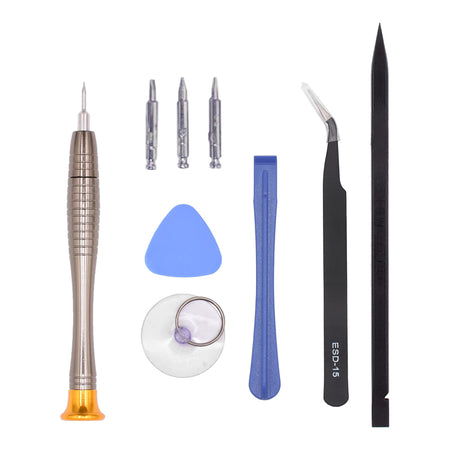 An 11 piece mobile phone, laptop, and tablet repair toolkit including screwdrivers with different head types, tweezers, a suction cup, and spudgers laid out on a white background.