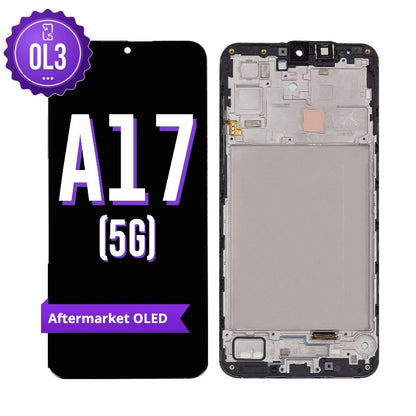Samsung Galaxy A17 5G aftermarket OLED screen replacement with middle frame, shown front on with the purple OL3 badge and from the back showing the frame and flex cable