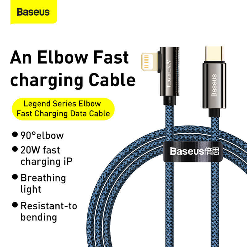 BASEUS PD 20W Elbow USB-C to Lightning Charging Cable (1M) | Legendary Series L-Shaped Bend Type-C to Apple iPhone Fast Charger Cable