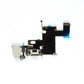 iPhone 6 charging port flex cable shown front on, black flex with a white Lightning connector, white headphone jack, coaxial antenna lead and blue protective tabs.