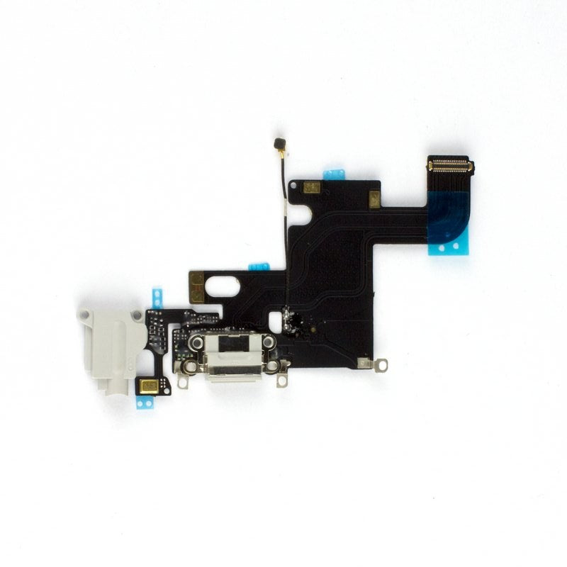 iPhone 6 charging port flex cable shown front on, black flex with a white Lightning connector, white headphone jack, coaxial antenna lead and blue protective tabs.
