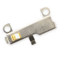 iPhone 6 lightning connector bracket on white, a silver metal bracket with two round screw tabs, a gold contact pad and a small downward tab in the centre.