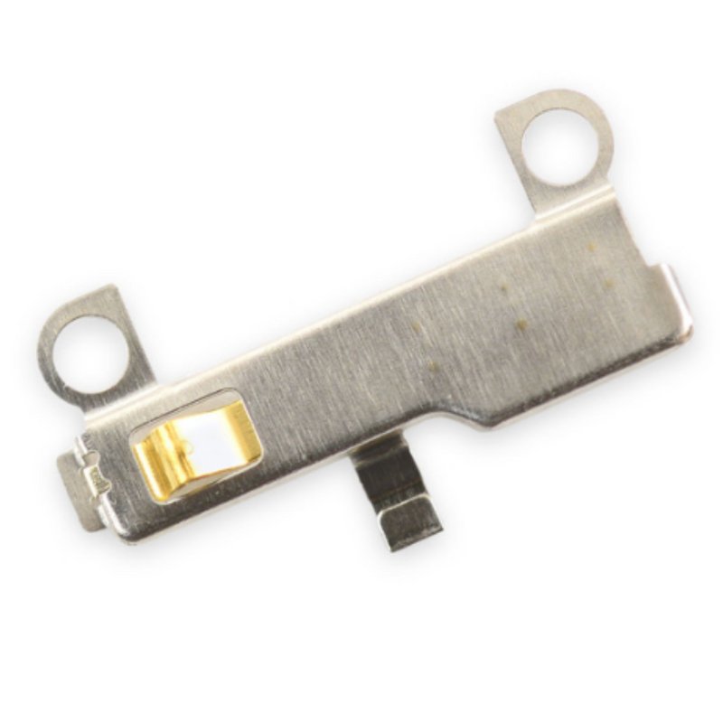 iPhone 6 lightning connector bracket on white, a silver metal bracket with two round screw tabs, a gold contact pad and a small downward tab in the centre.