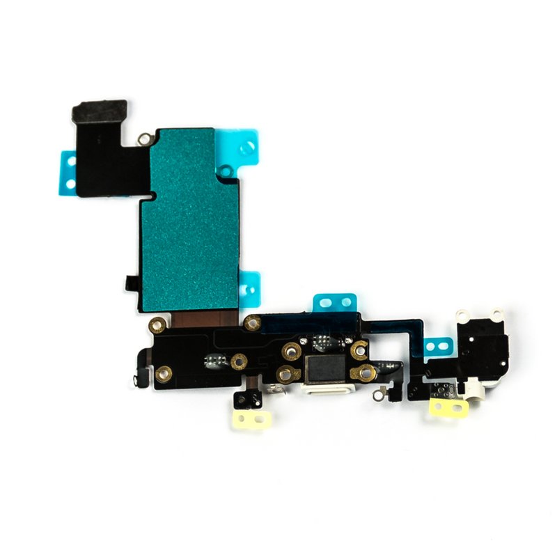 Angled view of the back of the iPhone 6s Plus charging port flex, showing the teal shielding tape, yellow tape pads and the pale Lightning connector at the lower edge.