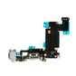 White iPhone 6s Plus charging port flex laid flat, showing the white Lightning connector, white headphone jack grommet, blue tape pads and the part number printed along the board.