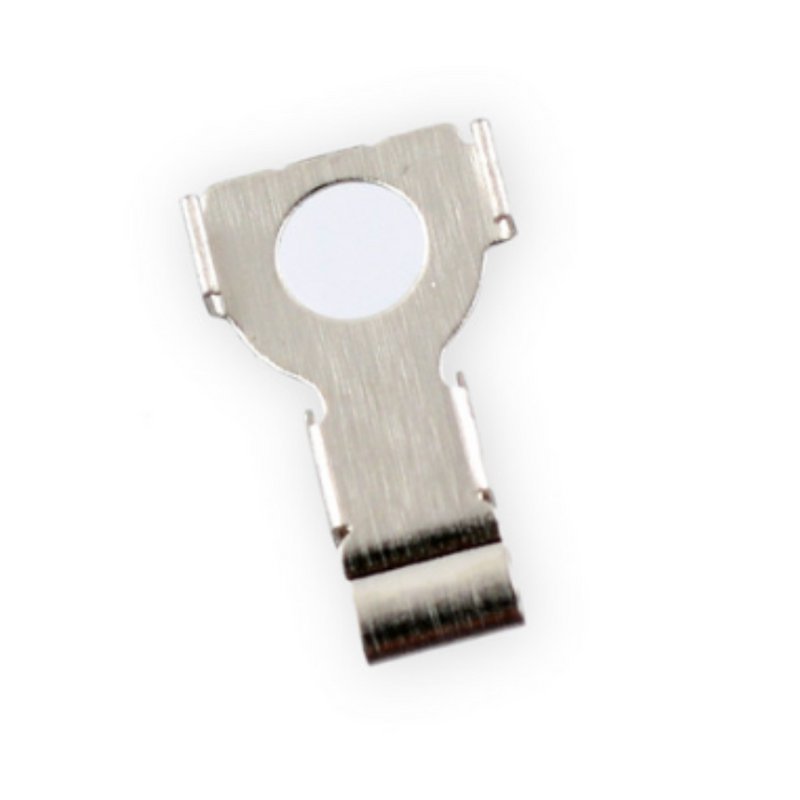 Small stainless steel lightning connector ground spring for the iPhone 7 and 7 Plus, shown face on with its round centre hole, side tabs and ribbed contact fingers.