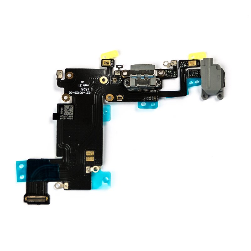 Black iPhone 6s Plus charging port flex laid flat, with a space grey Lightning connector, grey headphone jack grommet and the part number 821-00126-08 printed on the board.