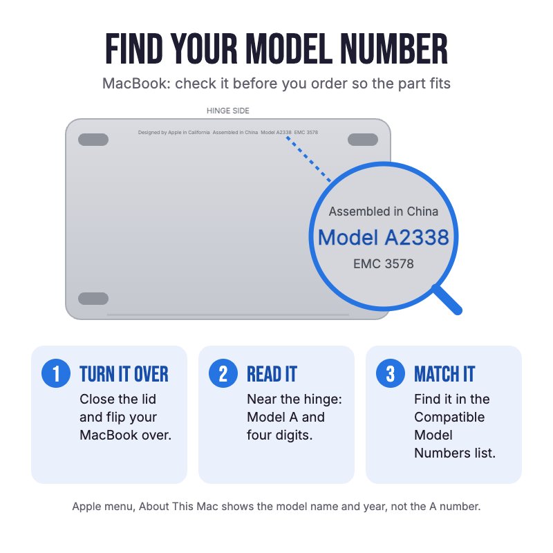 How to find your MacBook model number: turn the MacBook over and read the A number printed near the hinge, then match it to the compatible model list