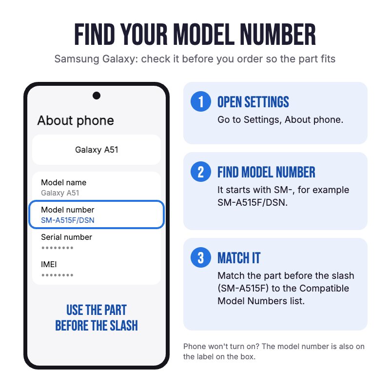 How to find your Samsung Galaxy model number: open Settings, About phone, and match the SM model code before the slash to the compatible model list