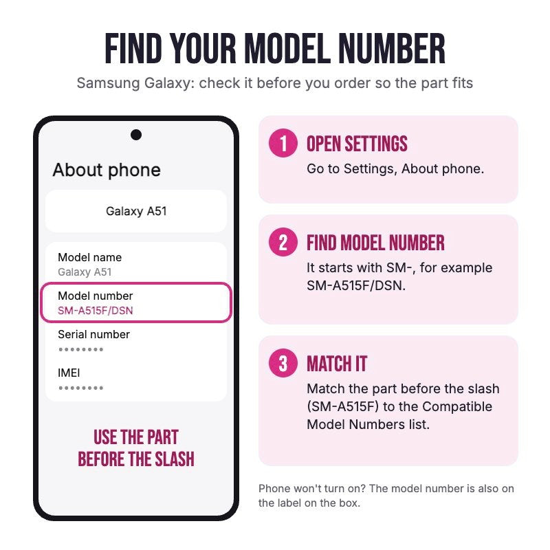 How to find your Samsung Galaxy model number: open Settings, About phone, and match the SM model code before the slash to the compatible model list