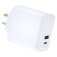 65W GaN dual port wall charger for laptops and phones, angled view showing the USB-A and USB-C ports and the NZ/AU plug